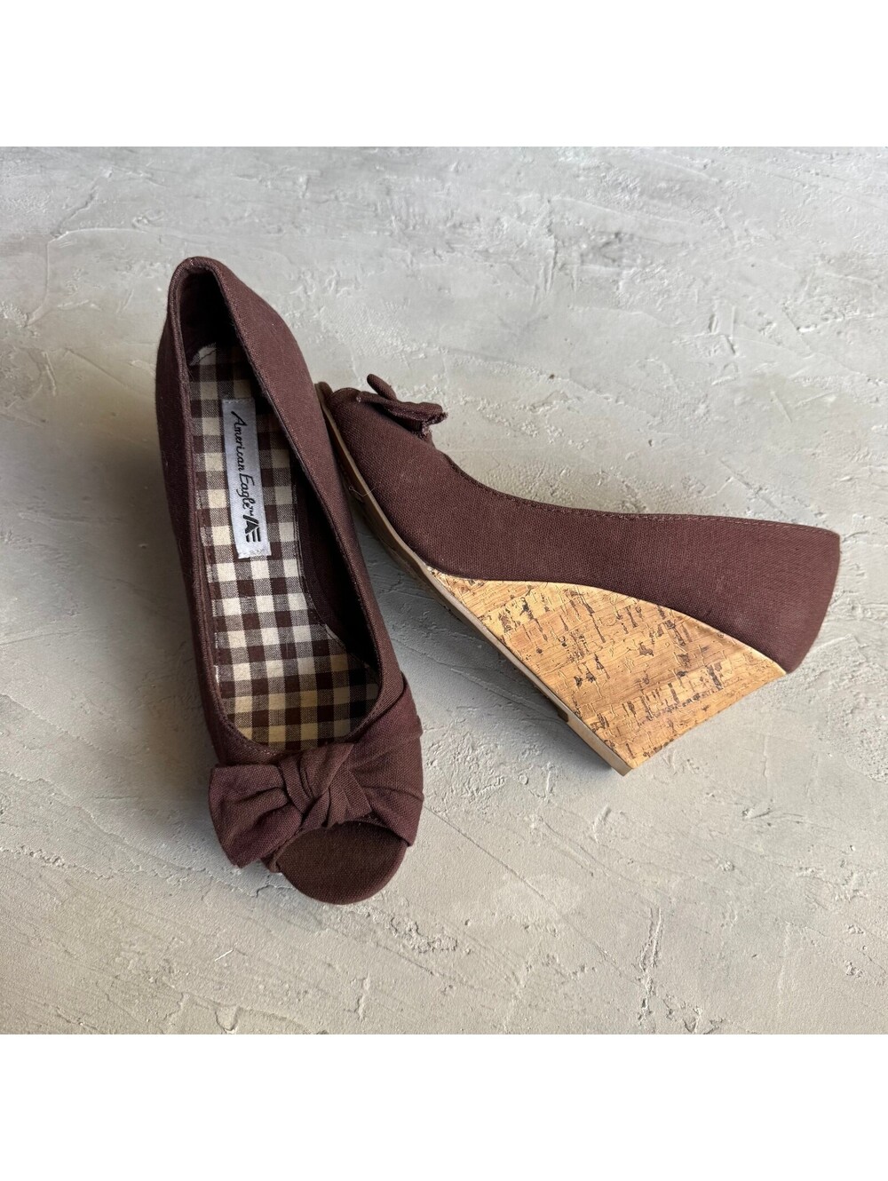 Vintage 2000s American Eagle Peep Toe Bow Brown Cork Wedge Heels Women's Size 8